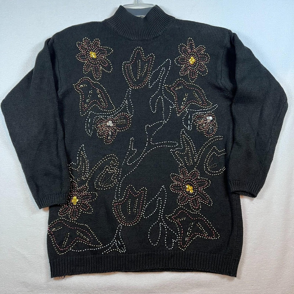 Vintage 90s Cezanne Sweater Mock Neck Beaded Floral Black Size MD‎ Ramie Cotton